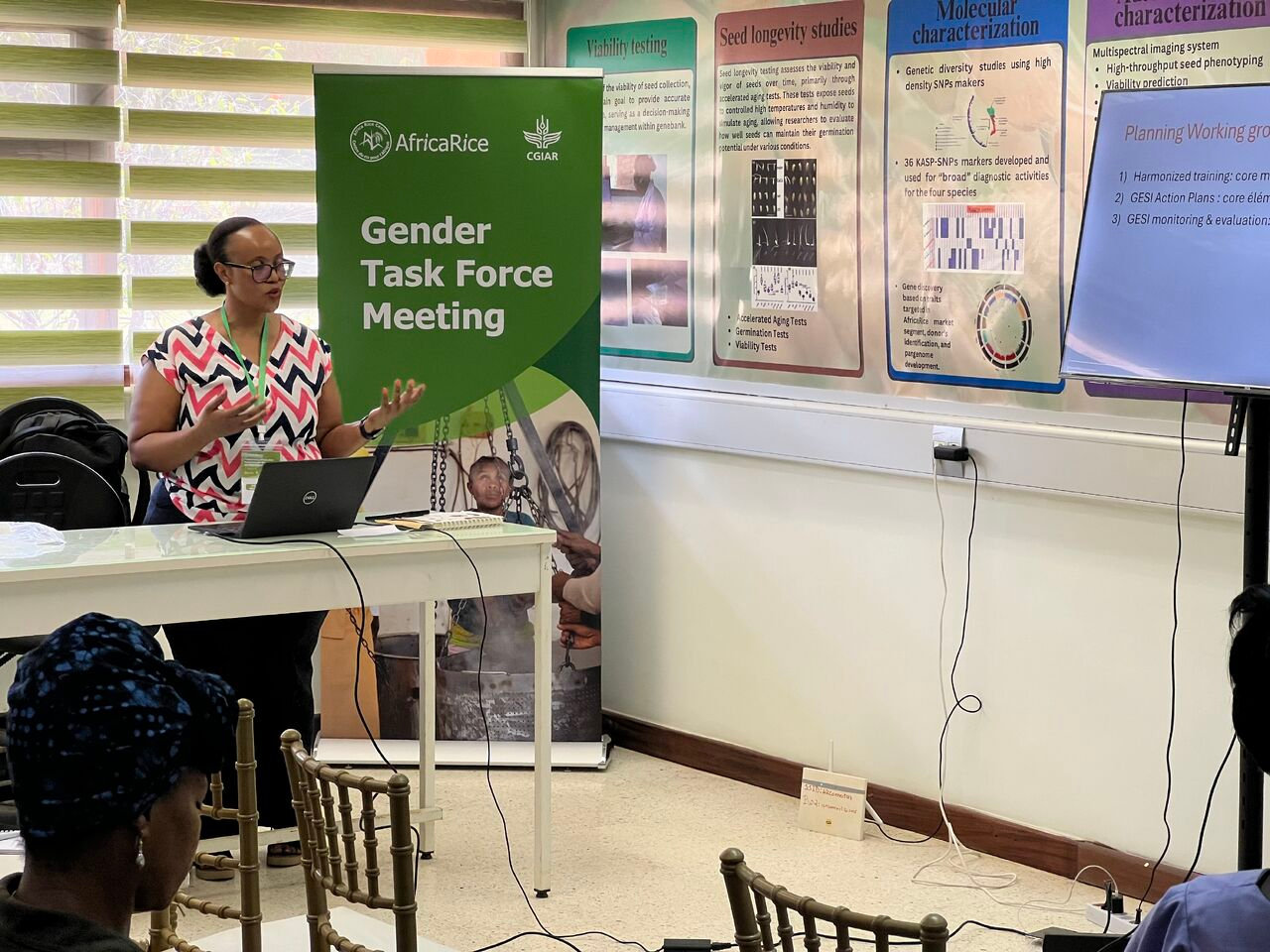 Dr Mujawamariya Gaudiose presentation during Gender task Force Meeting (Credit photo: AfricaRice)